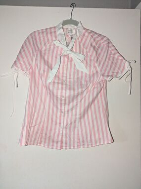 NWT Unique Vintage Pink & White Striped Tie-Neck Blouse